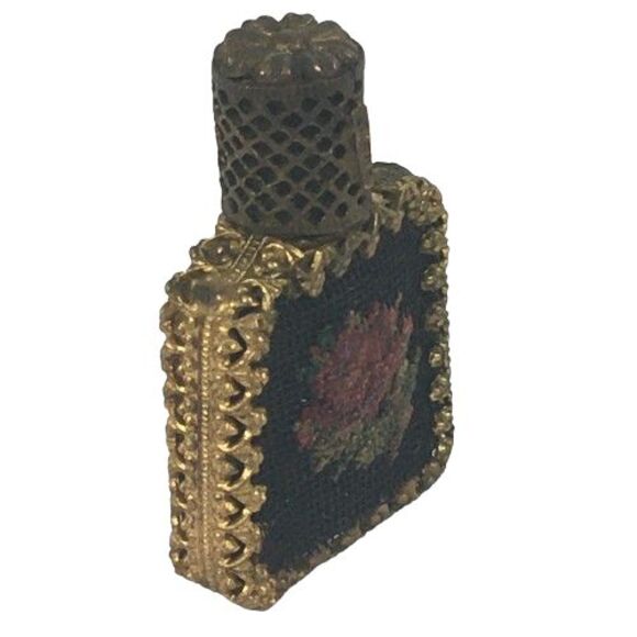 Vtg Austrian Glass Perfume Bottle Petit Point Floral Rose Brass Filigree Ormolu - Picture 2 of 13